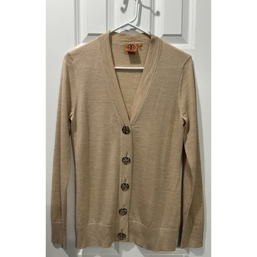 Tory Burch Tan Merino Wool V Neck Sweater Cardigan Sz M Gold Logo Buttons Classy